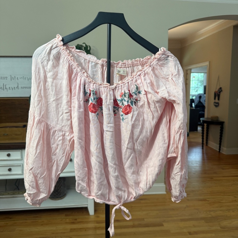 Hollister Pink Off The Shoulder Embroidered Rose Peasant Top M Boho Floral